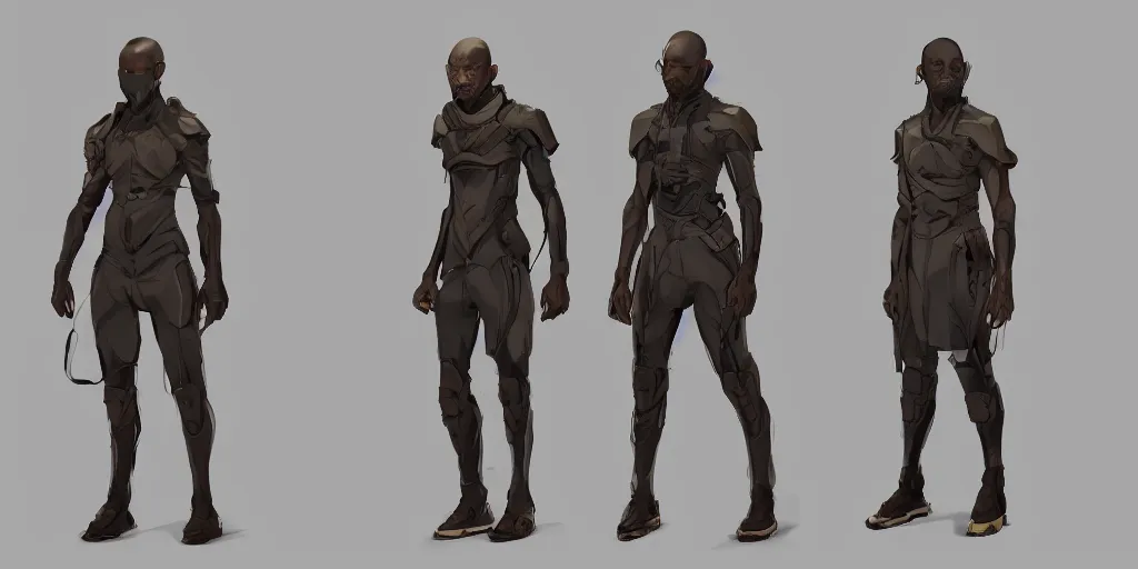 Image similar to african man, sci-fi, techwear, character concept, character reference sheet, front and side views, by Makoto Shinkai, Stanley Artgerm Lau, WLOP, Rossdraws, James Jean, Andrei Riabovitchev, Marc Simonetti, krenz cushart, Sakimichan, trending on ArtStation, digital art, character design, lou romano color scheme