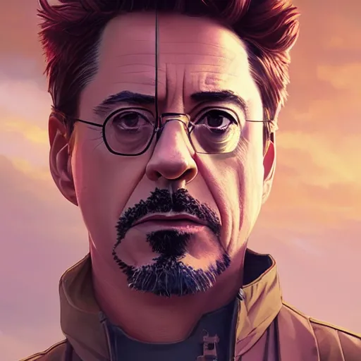 Image similar to robert downey jr, highly detailed vfx portrait, unreal engine, greg rutkowski, loish, rhads, caspar david friedrich, makoto shinkai and lois van baarle, ilya kuvshinov, rossdraws, elegent, tom bagshaw, alphonse mucha, global illumination, detailed and intricate environment.