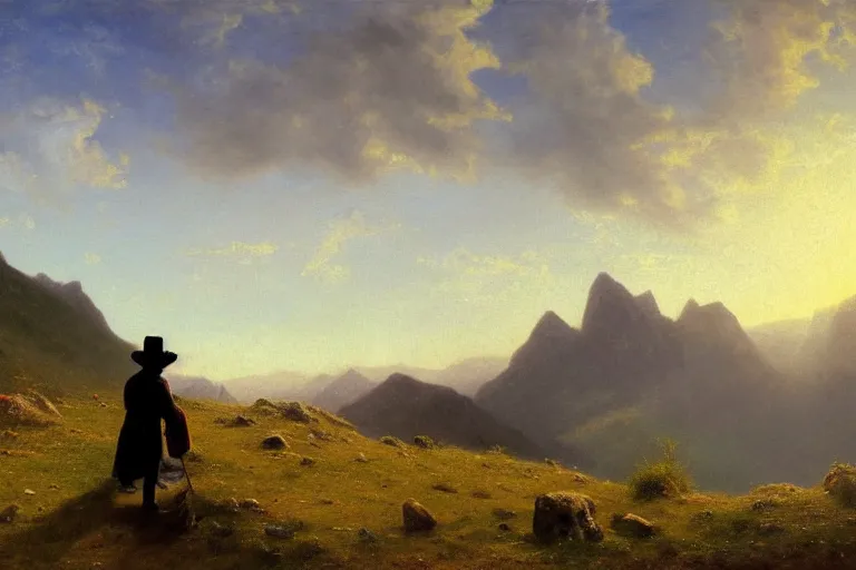 Prompt: a traveler wandering trough the mountains looking at the clouds, very detailed, oil painting, cinematic lighting, albert bierstadt, trending on artstation, colorful, canvas, sunset, hans dahl, theodor kittelsen, grey cloak, brimmed hat, old man