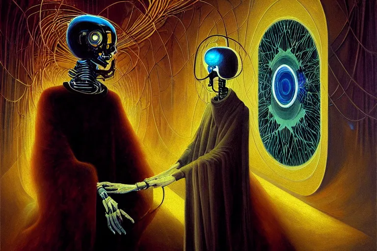 Image similar to a beautiful masterpiece painting of a cybernetic wizard discussing sentience with his AI by Remedios Varo and Anato Finnstark and Greg Rutkowski