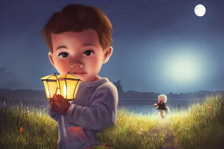 Image similar to portrait of a little boy carrying lantern at night, photorealistic face and skin tones, dreamy moonlit nightscape by the garden, lake house, smooth, matte colors, trending on artstation, 4 k, 8 k