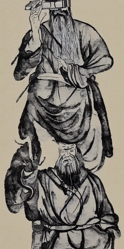 Image similar to confucius wearing vr headset, chinese ink painting