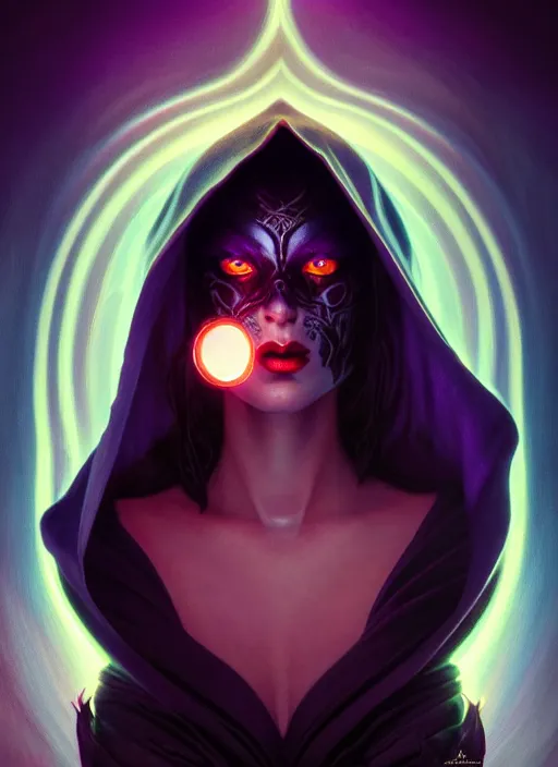 Image similar to book cover, front portrait, dark witch with black hood and evil eyes, realism, soft, smooth, luminescent, art nouveau tarot, backlit glow, colorful swirly ripples, gaudy colors, aesthetic octane render, unreal engine, 8 k, by artgerm, greg rutkowski, alphonse mucha