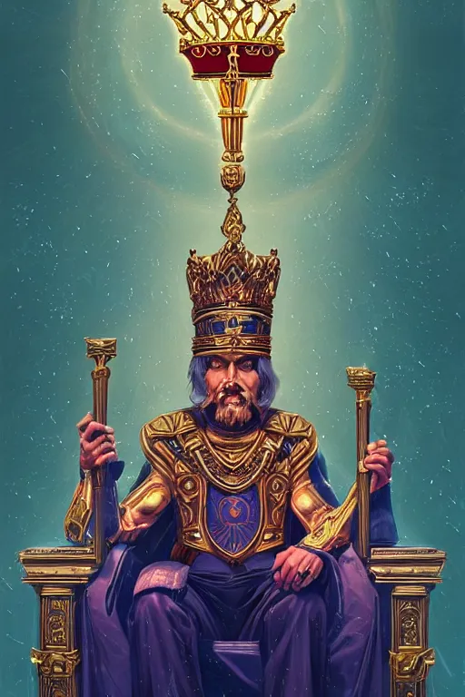 Prompt: the emperor tarot card, the crowned embodiment of male power holding the symbol of his power sits on a lavish throne ruling with wisdom and care, 8 k resolution digital painting, by alena aenami, by michael whelan, behance hd, trending on artstation deviantart