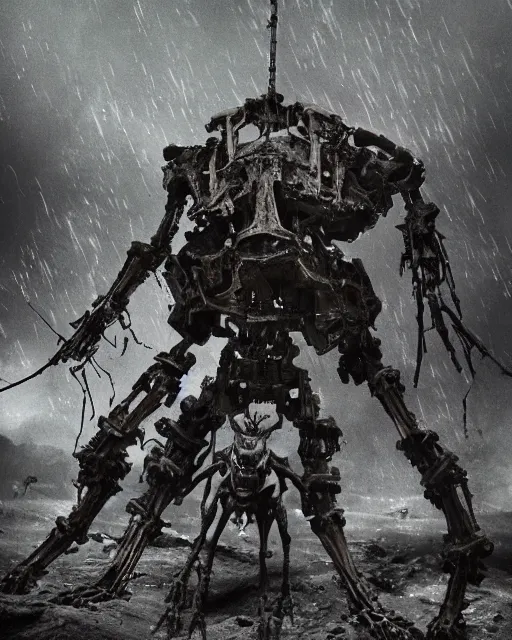 Image similar to a dramatic shot of a tall skinny biomechanical mech made of bones and obsidian with cyber muscles and insect parts and pale skin fighting a world war one soldier in eerie trenches of verdun at night while it's raining