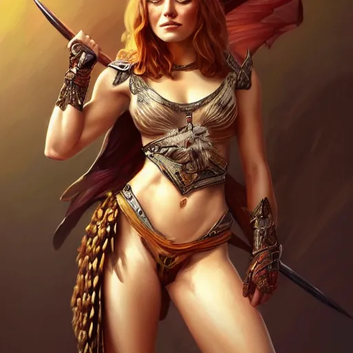 Prompt: fullbody portrait of emma stone, muscular, upper body,big chest, amazon warrior, fantasy, intricate, elegant, highly detailed, digital painting, artstation, concept art, matte, sharp focus, illustration, art by Artgerm and Greg Rutkowski and Alphonse Mucha