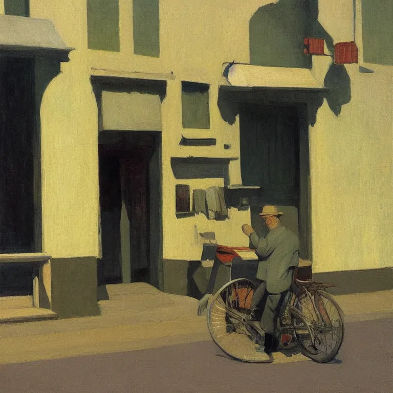 Image similar to a man with a bike resting in quiet town, painted by Edward Hopper, oil painting