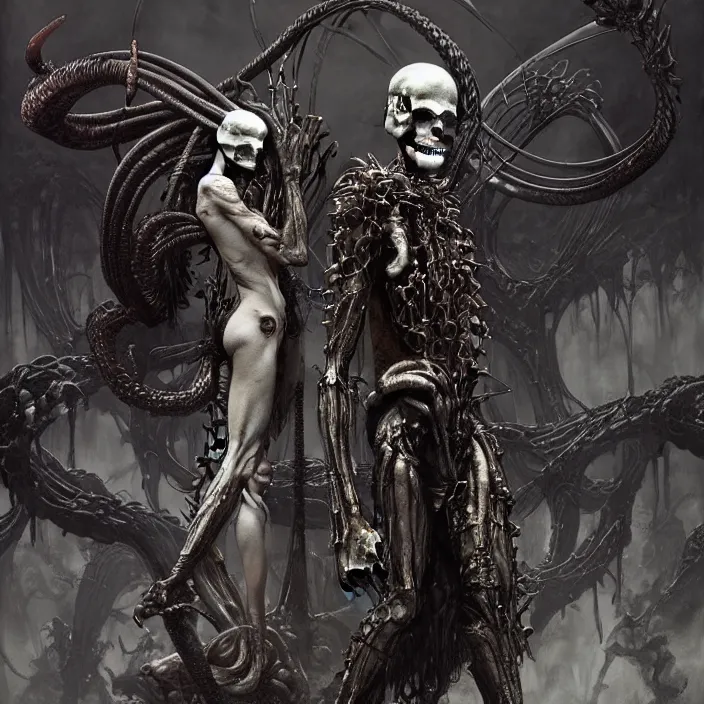 Image similar to still frame from Prometheus by Jakub Różalski, Ossiarch Bonereaper by Wayne Barlowe by peter Mohrbacher by Giger, dressed by Alexander McQueen and by Neri Oxman, metal couture hate couture editorial