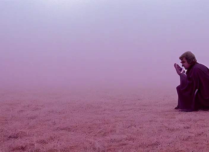 Image similar to screenshot portrait of Luke skywalker kneels before a strange jedi oracle in a foggy pink land. still from the 1983 film directed by Alejandro Jodorowsky. holy mountain, Photographed with Leica Summilux-M 24 mm lens, ISO 100, f/8, Portra 400