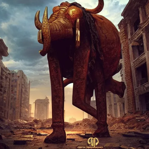 Image similar to golden mammoth golden golden mammoth in a ruined city in a ruined city stylized artgerm artstation hd cgsociety cgi realistic dramatic cinematic artistic trending detailed