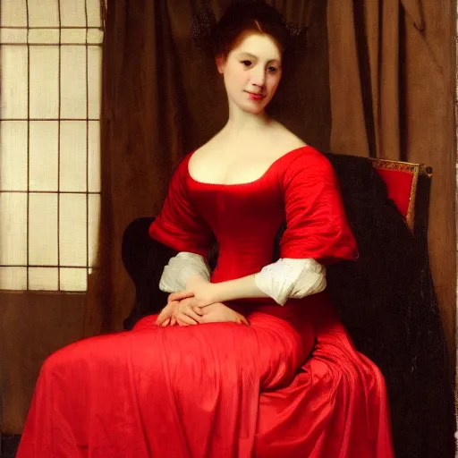 Image similar to sublime portrait of a woman in a red satin dress, very pale, graceful, Vermeer, Bouguereau, Van Dyck, Ingres, Rubens, Carolus-Duran, strong dramatic cinematic lighting, 17th-century, extremely detailed, dark background