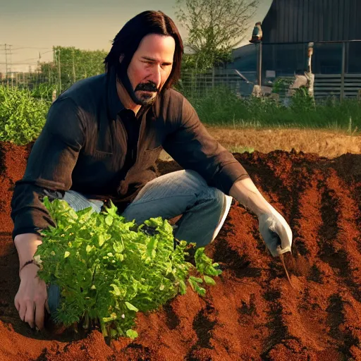 Prompt: keanu reeves planting potatoes in belarus, instagram photo, photorealistic, hyper detailed, hyper realistic, houdini, vfx, unreal engine 5, octane render, 8 k, full hd