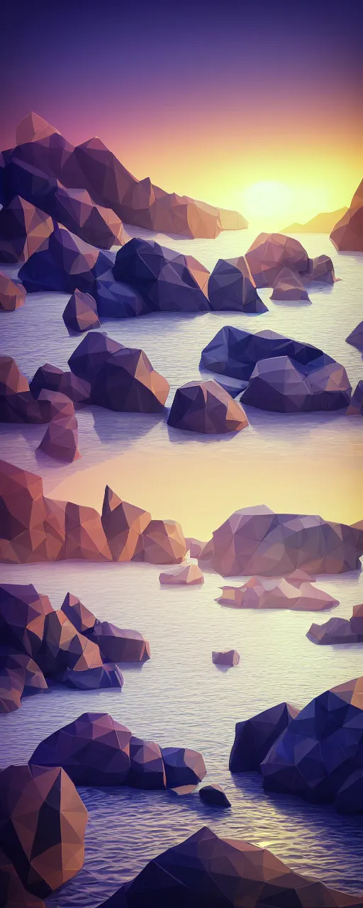 Image similar to super detailed color lowpoly art, northern sunset with rocks on front, monochrome photorealistic bay in the middle of perspective and mountains at background, big graphic ship in random point of bay, unreal engine, high contrast color palette, 3 d render, lowpoly, colorful, digital art, perspective