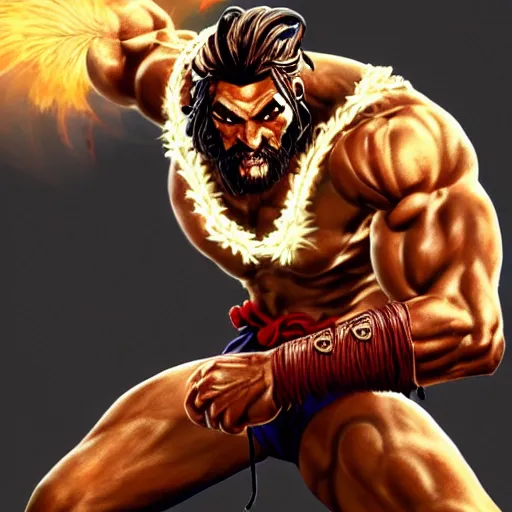 Image similar to jason momoa as dhalsim street fighter, high kick, ultra realistic, concept art, intricate details, highly detailed, photorealistic, octane render, 8 k, unreal engine, art by frank frazetta, simon bisley, brom