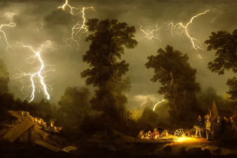 Prompt: Benjamin Franklin being struck by a lightning, in the woods, at night, thunderstorm, XVIII century, ultra detailed, wide angle lens, matte painting, cinematic composition, hyper realistic, highly detailed, concept art, low key lighting, high dynamic range, depth of field, moment cinebloom filter, cinematic color grade