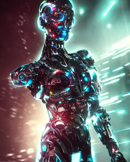 Image similar to cyborg cybersuits goddesses, microchip, artificial intelligence, bio-mechanical bio-luminescence, neurons, nerve cells, octane render, cinematic, rim light, hyper realism, high detail, masterpiece, high fashion