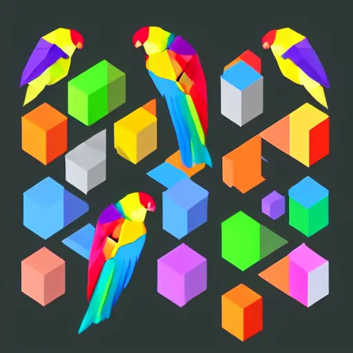 Image similar to isometric vector low poly rainbow parrot icon, white background, cgsociety, volumetric, lighting