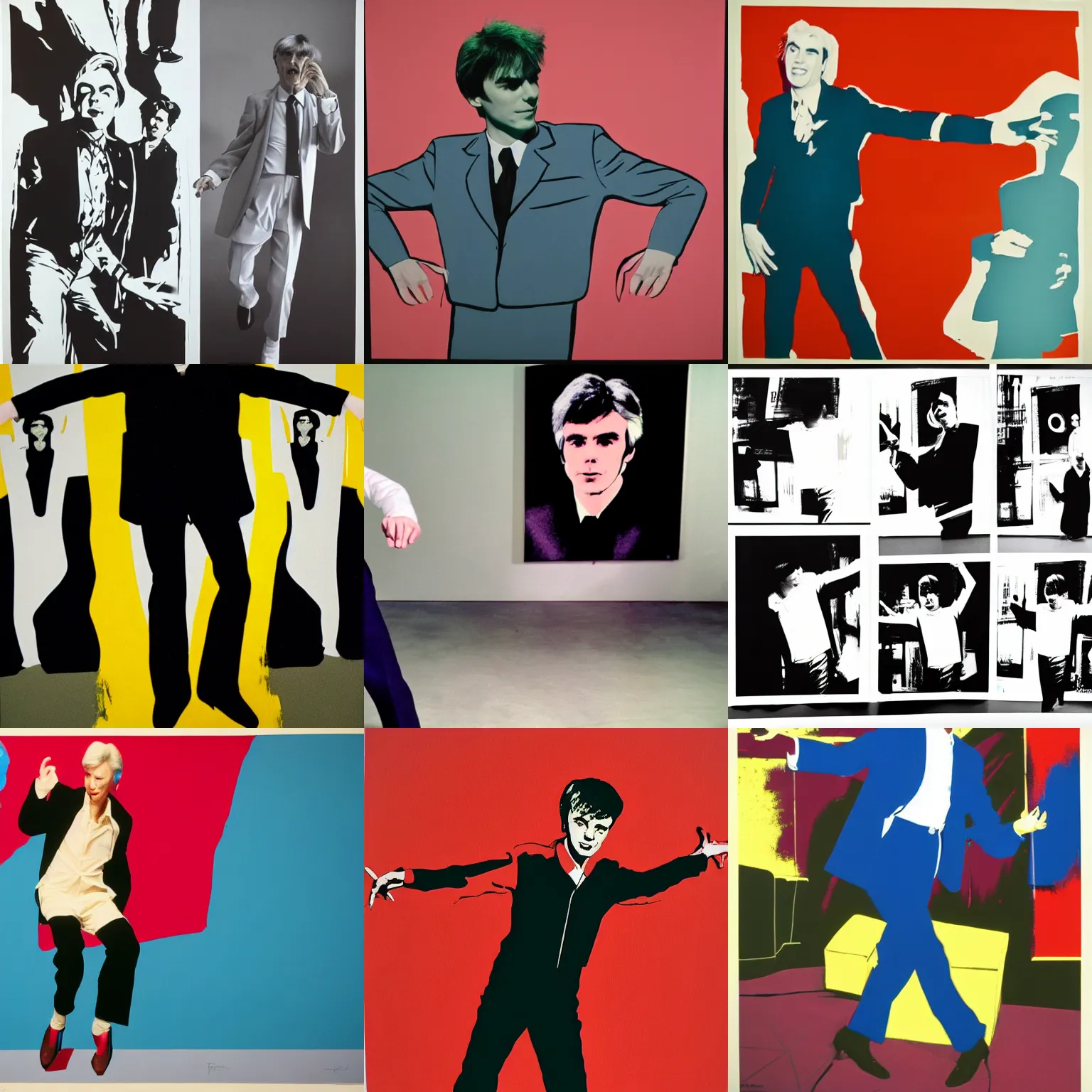 Prompt: young david byrne dancing around the room while wearing an oversized suit, a silkscreen serigraph by andy warhol