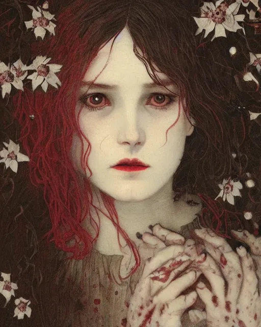 Image similar to a beautiful but sinister and creepy woman in layers of fear, with haunted eyes, violence in her eyes, 1 9 7 0 s, seventies, delicate embellishments, a little blood, woodland, moonlight shining on wildflowers, painterly, offset printing technique, by alexandre cabanel