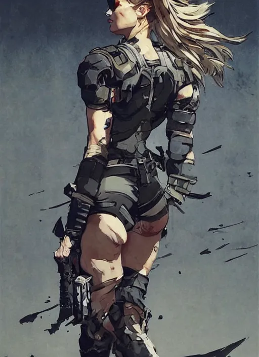 Image similar to Margot Robbie wearing metal gear armor holding gun dramatic lighting art by Richard Schmid by Hokusai by Yoji Shinkawa by greg rutkowski by Sandra Chevrier cinematic dramatic