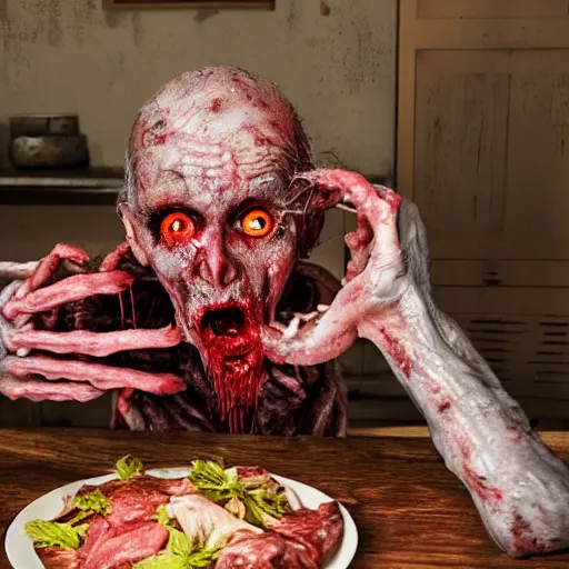 Prompt: an ultra realistic 8 k hdr photo of an elderly haggered raggedy zombie vampire eats a plate of skin and meat and blood and bones and tendons scary picture