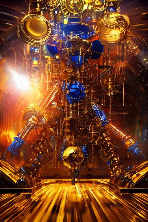 Image similar to portrait photo of a giant huge golden and blue metal futuristic steampunk robot covered with multicolored big gears and tubes, a huge steampunk drumset, eyes are glowing red lightbulbs, shiny crisp finish, 3 d render, 8 k, insaneley detailed, fluorescent colors, background is multicolored lasershow