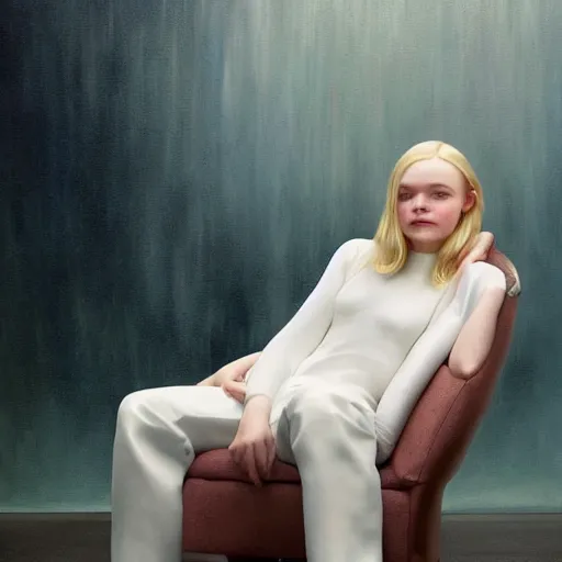 Prompt: Elle Fanning sitting on a white leather chair in the world of Samira Addo, head and shoulders portrait, stormy weather, extremely detailed masterpiece, oil on canvas, low-key neon lighting, artstation, Blade Runner 2049, Roger Deakin’s cinematography, by J. C. Leyendecker and Peter Paul Rubens and Edward Hopper and Michael Sowa,