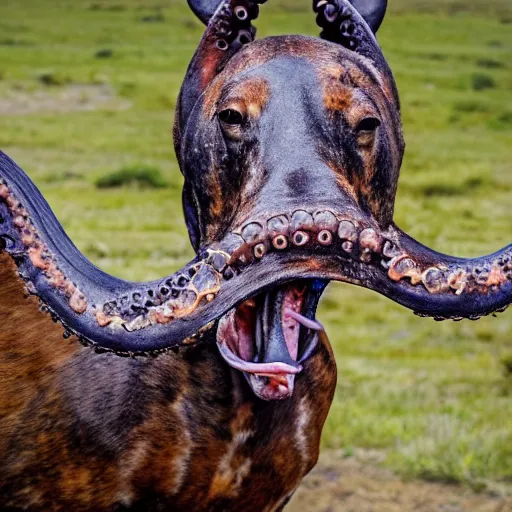 Image similar to National Geographic photo of horse full of octopus being eaten by African hunting dogs