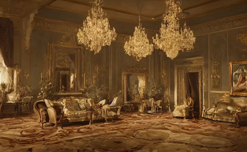 Prompt: realist rococo painting of a 1 9 2 0 s party in a beautiful mansion grand foyer, many partygoers, strong contrast, unreal engine, hyper realism, realistic shading, cinematic composition, realistic render, octane render, detailed textures, photorealistic, ultrawide shot, 3 5 mm film