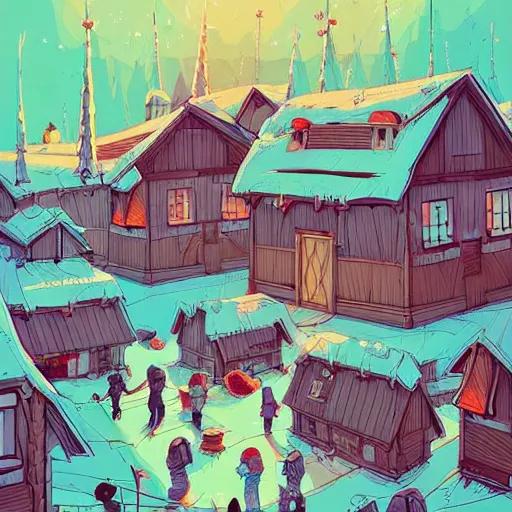 Prompt: cell shaded illustration, a study of a nordic village, post grunge concept art by josan gonzales and wlop, highly detailed, intricate, sharp focus, Trending on Artstation HQ, deviantart-H 704