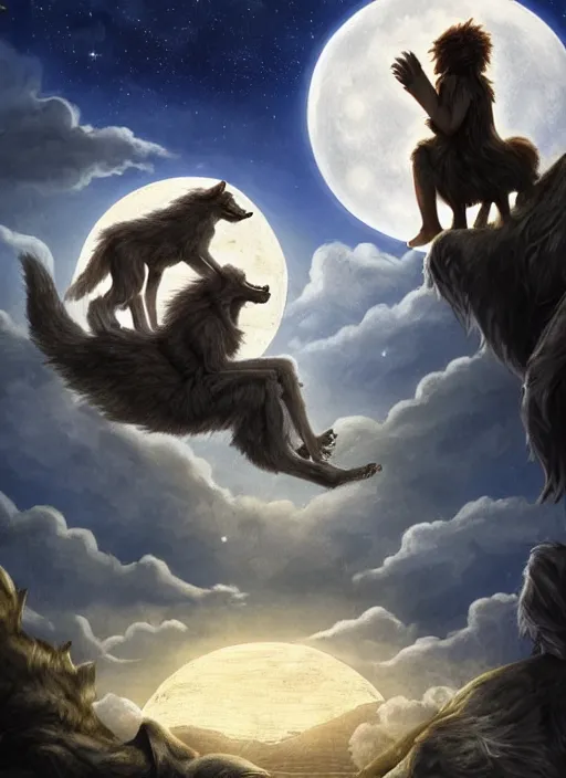 Image similar to a werewolf and a human child sitting next to each other, looking at the moon, fantasy art, matte painting, highly detailed