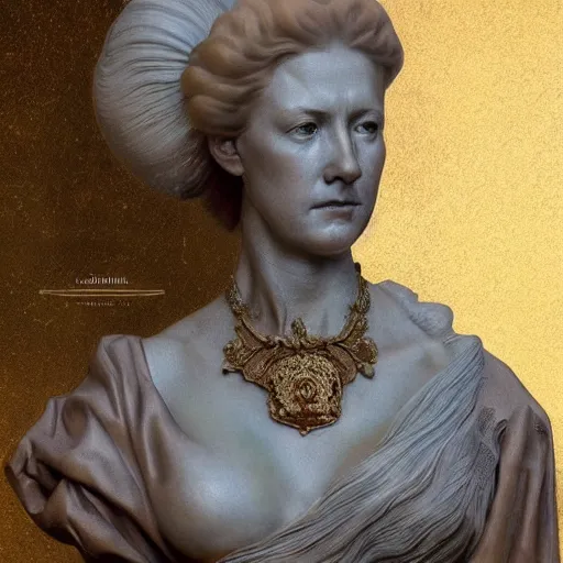 Image similar to beautiful lifelike award winning marble statue bust of dronning magrethe trending on art station artgerm greg rutkowski alphonse mucha museum quality cinematic atmospheric