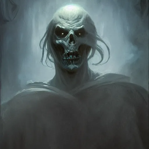 Image similar to head and shoulders portrait of a ghostly, shadowy, spectral wraith, d & d, fantasy, greg rutkowski, frank frazetta, alexandre chaudret, boris vallejo, michael whelan, miro petrov, hr giger, magali villeneuve, donato giancola