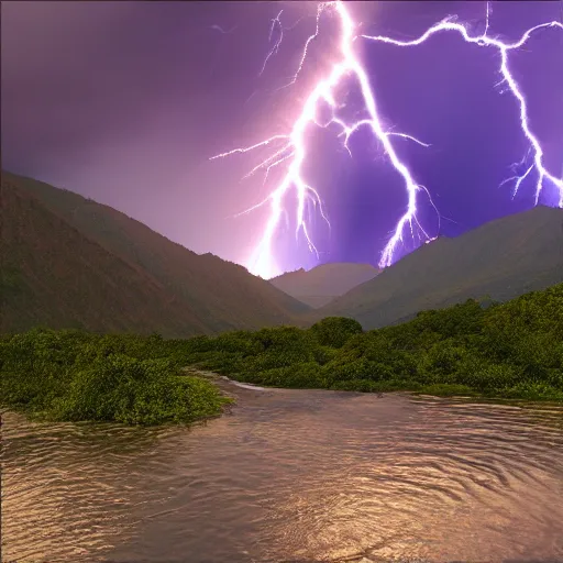 Prompt: photorealistic valley with rainbow river , volumetric lightning