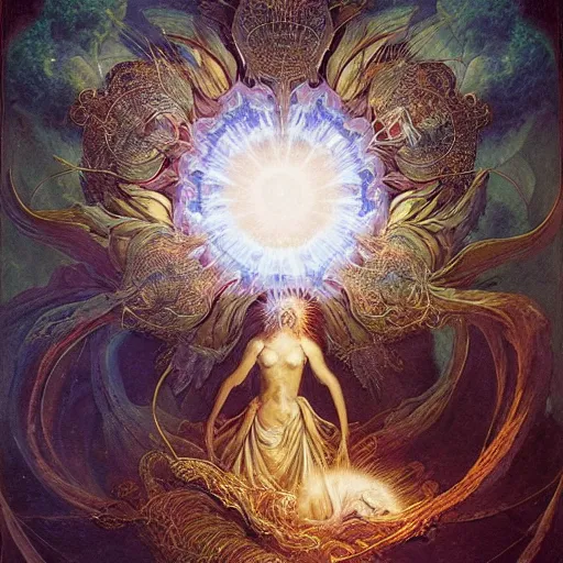 Prompt: iris of god, creation of animals, ellen jewett, beautiful surreal palatial pulsar at dawn, creation of the world, let there be light, light separated from dark, genesis, gustave dore, ferdinand knab, jeff easley