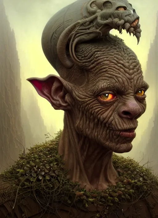 Prompt: closeup portrait shot of a goblin in a scenic dystopian environment, intricate, elegant, highly detailed, centered, digital painting, artstation, concept art, smooth, sharp focus, illustration, artgerm, tomasz alen kopera, peter mohrbacher, donato giancola, joseph christian leyendecker, wlop, boris vallejo