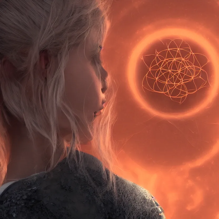 Prompt: closeup portrait of a beautiful guard with blonde hair seen from the back in front of a dystopian (orange fog) merkabah flower of life cyberpunk ultra realistic 4K