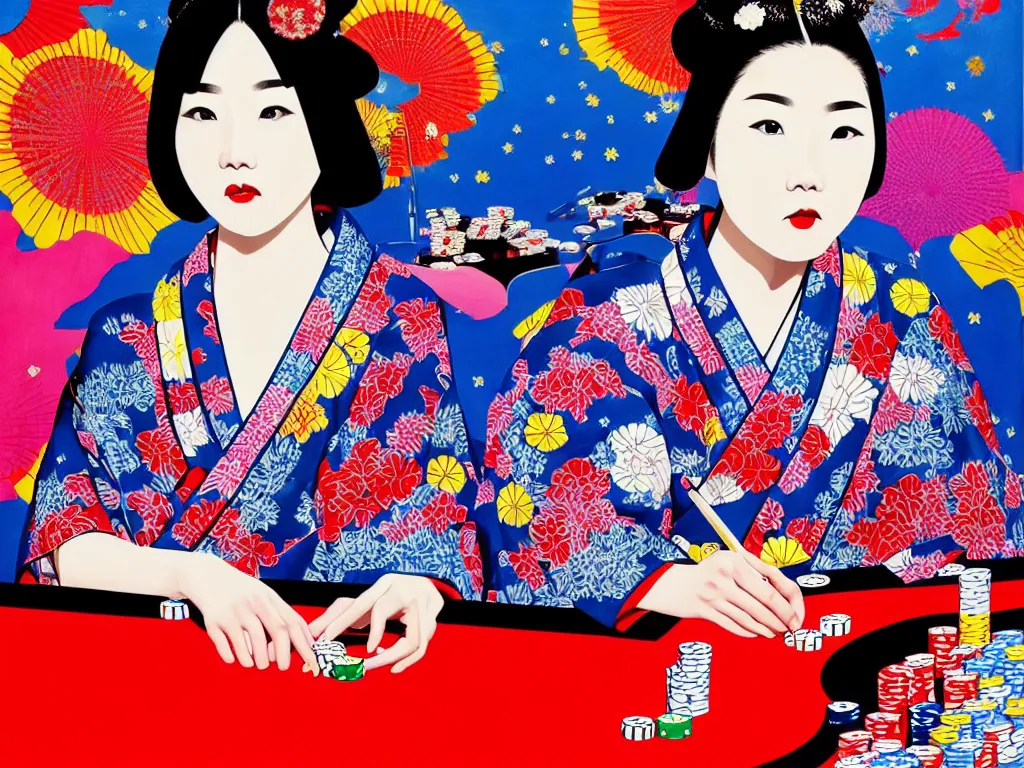 Image similar to hyperrealistic composition of the detailed woman in a japanese kimono sitting at a extremely detailed poker table with detailed darth vader, fireworks, mount fuji on the background, pop - art style, jacky tsai style, andy warhol style, acrylic on canvas