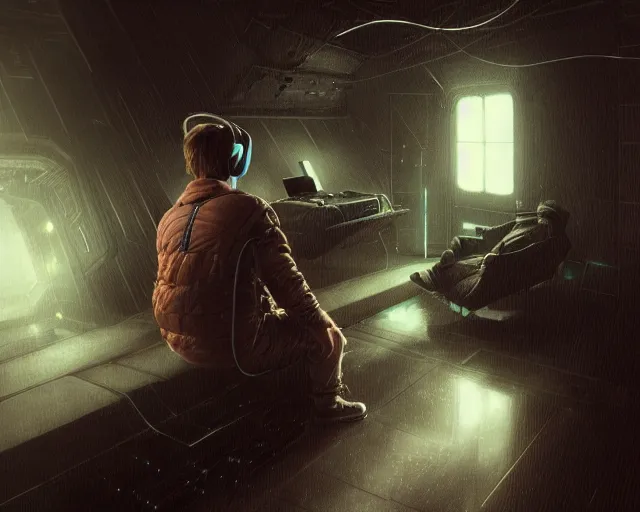 Prompt: a epic cinematic shot of marty mcfly listening to music with headphones on in a dark liminal technology space room, gritty tech, deep focus, fantasy, intricate, elegant, highly detailed, digital painting, artstation, concept art, matte, sharp focus, illustration, dark fantasy style art, resident evil, art by artgerm and greg rutkowski and alphonse mucha