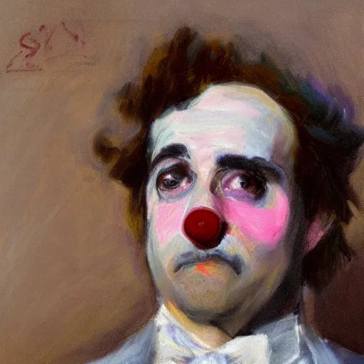 Prompt: detailing character concept portrait of clown by John Singer Sargent, on simple background, oil painting, middle close up composition