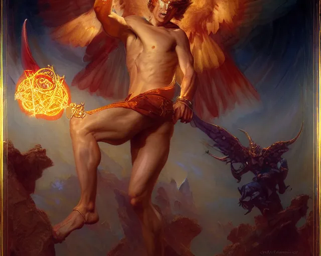 Image similar to attractive male deity, casting demonic magic, summoning handsome lucifer morning star. highly detailed painting by gaston bussiere, craig mullins, j. c. leyendecker 8 k