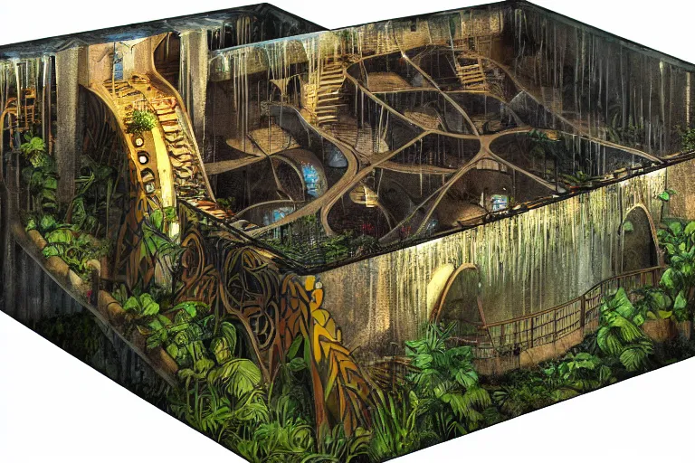 Prompt: favela bunker cathedral coaster hive, art nouveau waterfall environment, industrial factory, terrifying, award winning art, epic dreamlike fantasy landscape, ultra realistic,