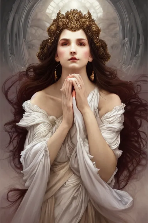 Image similar to portrait of white ghost, dark fantasy, gradient white red grey, dreamy and ethereal, brown eyes, golden ratio, peaceful expression, ornate frilly dress, fantasy, intricate, elegant, clouds and wind, highly detailed, digital painting, artstation, concept art, smooth, b sharp focus, illustration, art by artgerm and greg rutkowski and alphonse mucha