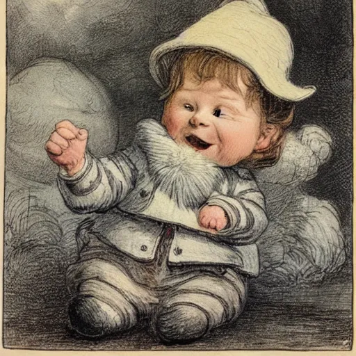 Image similar to candid portrait of baby faced white ball smiling wide, surrounded by clouds, illustrated by peggy fortnum and beatrix potter and sir john tenniel