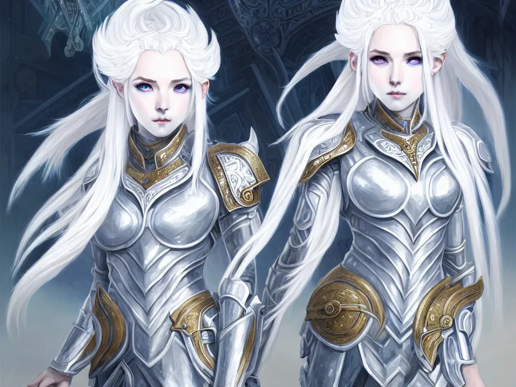 Image similar to portrait white hair knights of zodiac girl, matt white ice color armor, in ruined agora of athens sunrise, ssci - fi and fantasy, intricate and very beautiful and elegant, highly detailed, digital painting, artstation, concept art, smooth and sharp focus, illustration, art by ayanamikodon and tian zi and alphonse mucha