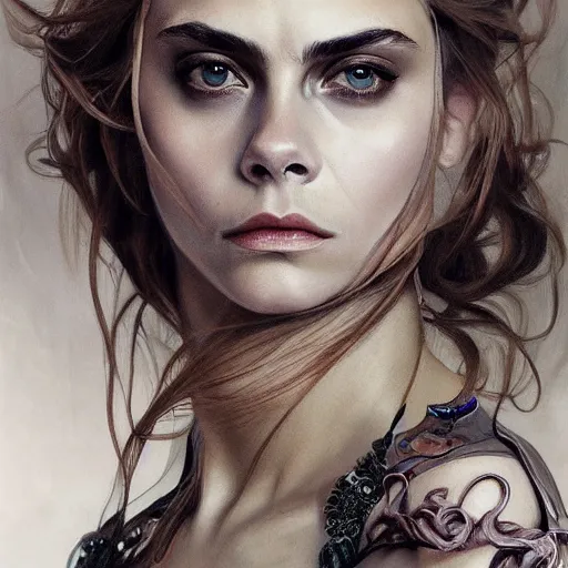 Image similar to Cara Delevigne , intricate, elegant, highly detailed, digital painting, artstation, HR GIGER, Hieronymus Bosch, Francis Bacon, concept art, smooth, sharp focus, illustration, art by artgerm and greg rutkowski and alphonse mucha