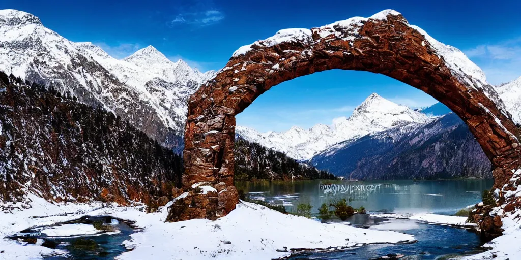 Prompt: Galaxy arch bridge, the foreground is snowy mountains and lakes, in the style of National Geographic magazine