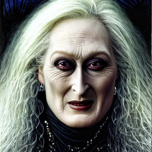 Image similar to head and shoulders portrait of an evil, black - skinned night hag portrayed by meryl streep, d & d, fantasy, luis royo, magali villeneuve, donato giancola, wlop, krenz cushart