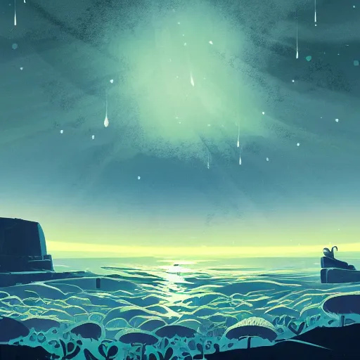 Prompt: sea under starry sky, animated film, stylised, illustration,, fantasy art, 2 d game art, by eyvind earle, scott wills, genndy tartakovski, roman shipunov, etienne hebinger, atey ghailan, cgsociety, cynical realism