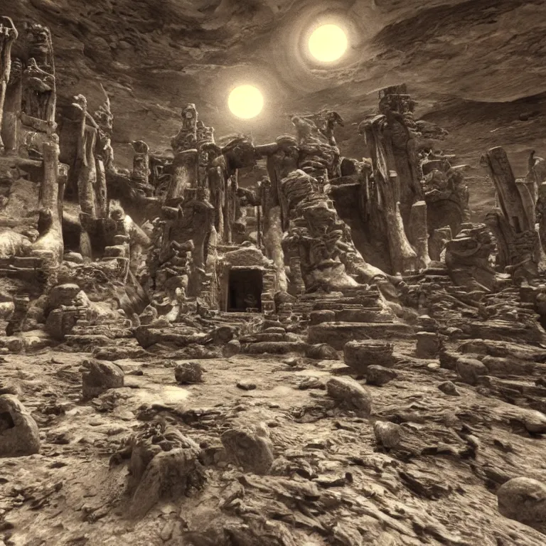 Prompt: old photo of surreal alien temple on exoplanet